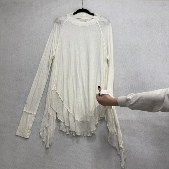 We The Free Shirt Womens Medium White Asymmetrical Linen Blend Boho Long Sleeve - Picture 3 of 12